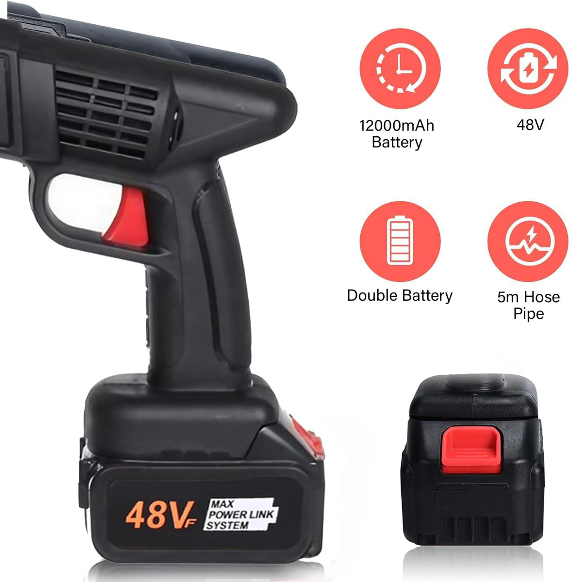 Cordless Portable Wireless Pressure Washer Gun 48V 12000mAh High Pressure Water Gun (Double Battery) for Car Wash and Bike Cleaning with 5M Hose Pipe and Adjustable Nozzle-Black