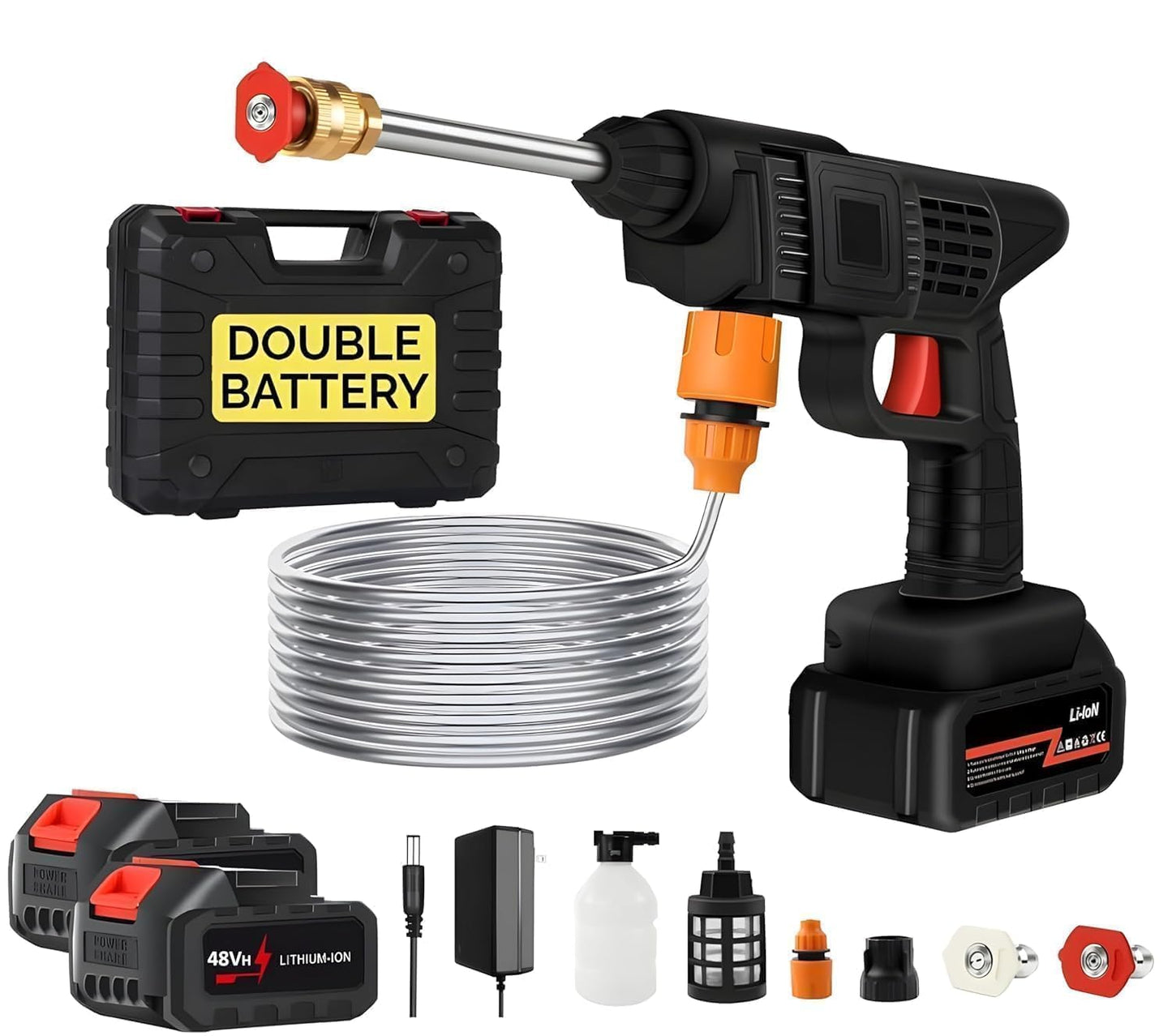 Cordless Portable Wireless Pressure Washer Gun 48V 12000mAh High Pressure Water Gun (Double Battery) for Car Wash and Bike Cleaning with 5M Hose Pipe and Adjustable Nozzle-Black