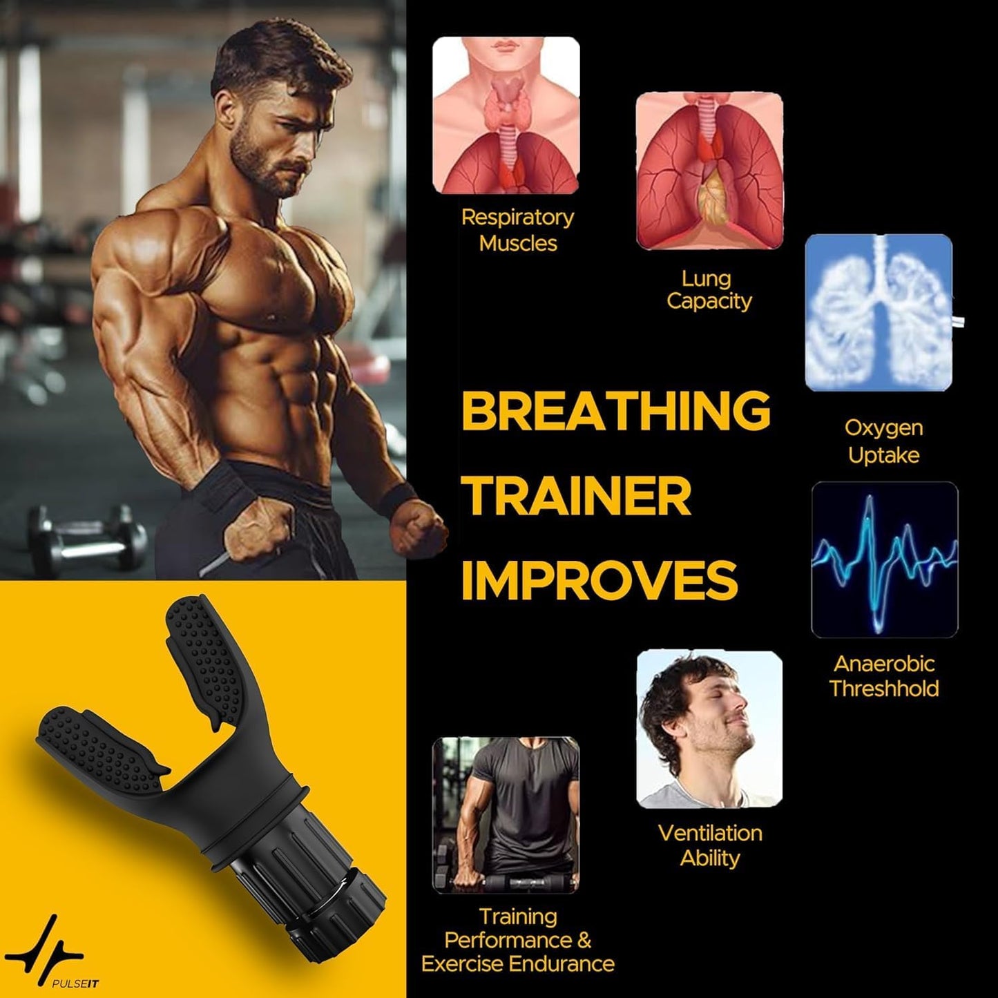 PulseITBreatheIT Portable Breathing Resistance Trainer, Compact Exercise Device with Adjustable Resistance, Muscle Trainer for Improving Strength and Endurance,Black