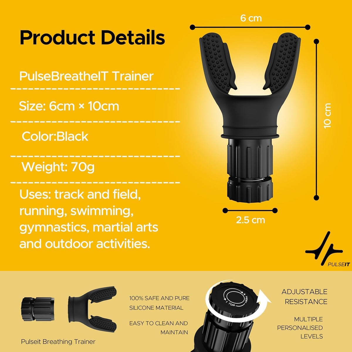 PulseITBreatheIT Portable Breathing Resistance Trainer, Compact Exercise Device with Adjustable Resistance, Muscle Trainer for Improving Strength and Endurance,Black