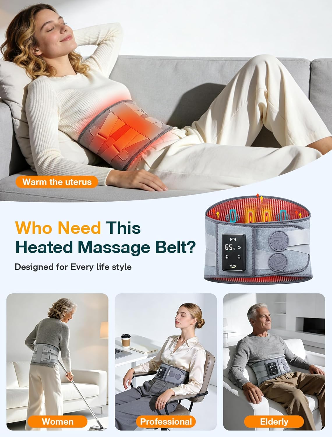 ALLJOY Cordless Heating Pad for Back, 60" Portable Lower Back Massager with Heat, FSA HSA Eligible, Heating Pad for Cramps, 3 Heat 5 Vibration, Lock Screen, Lumbar Support, Gifts for Women Men